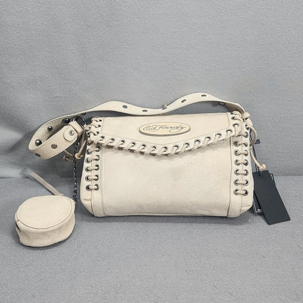 Ed Hardy Shoulder Bag Tan Faux Suede Lace Up Studded Y2K Women OS EHH392R1B NWT
